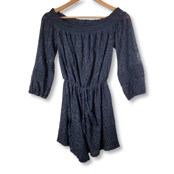Hollister Off Shoulder Lace Romper Shorts Navy Size Small - Picture 1 of 11